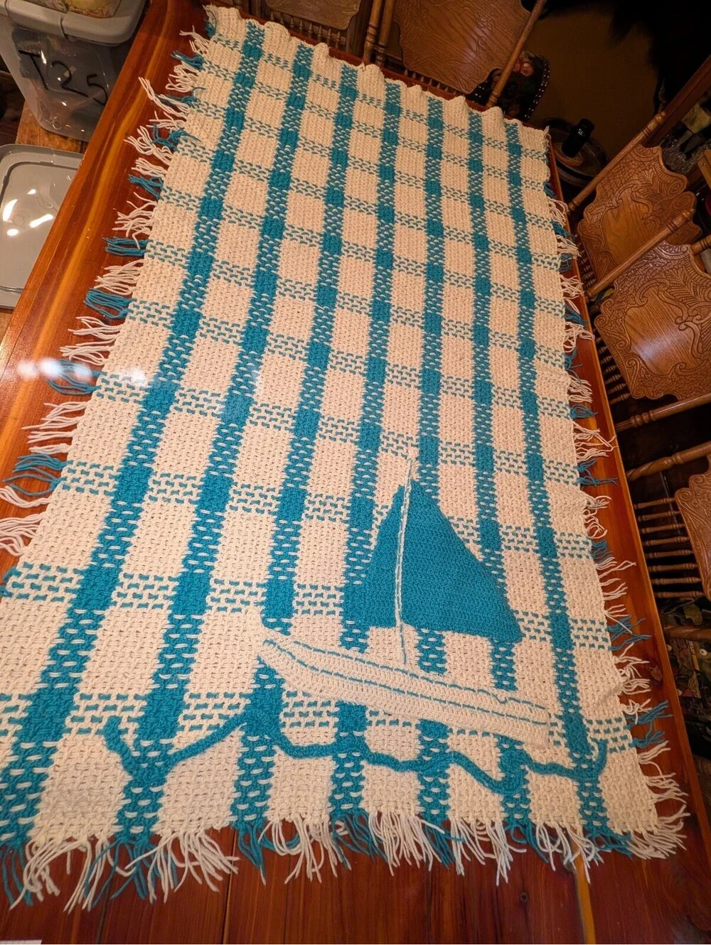 Handmade Crocheted Blue and White Sailboat Blanket Throw